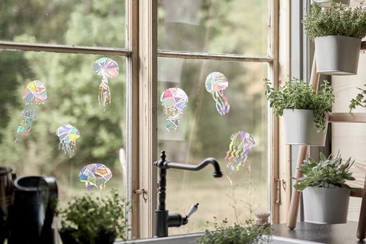 7 jellyfish suncatcher, jellyfish window decal, rainbow maker, suncatcher for window, rainbow suncatcher sticker cling decal